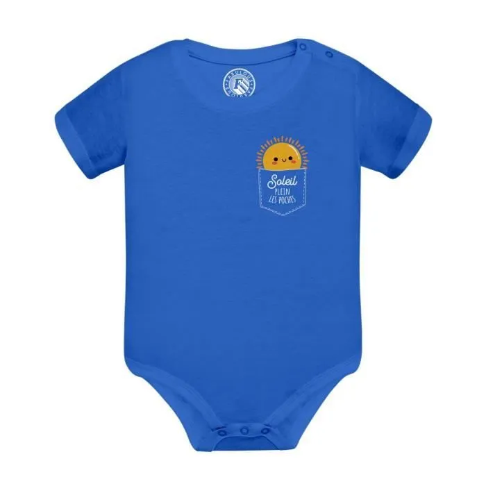 Body Bébé Manche Courte Bleu Soleil plein les Poches Illustration Dessin Soleil Mignon
