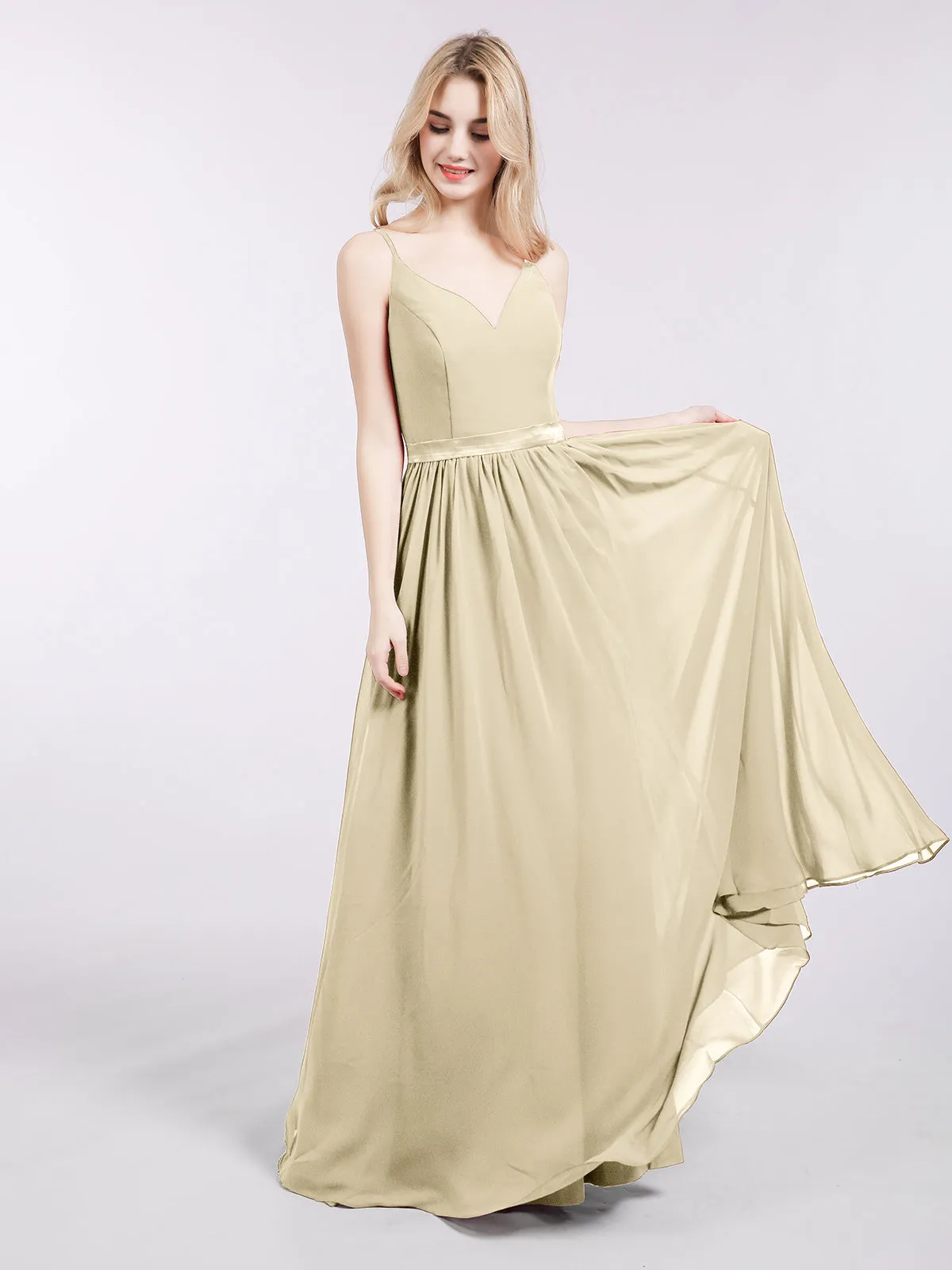 Bretelle Spaghetti Mousseline Robe de Demoiselle d'Honneur Champagne