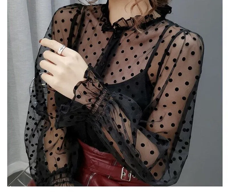 Chemisier Mousseline Femme Sexy Transparente Pois