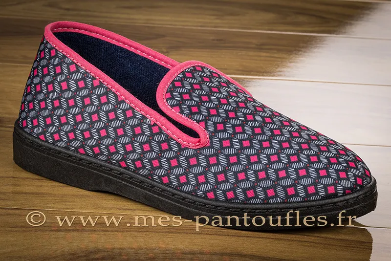 Pantoufle charentaise pour femme dessin géométrique rose-marine