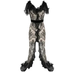 Robe Longue en Dentelle Transparente et Mousseline Noire